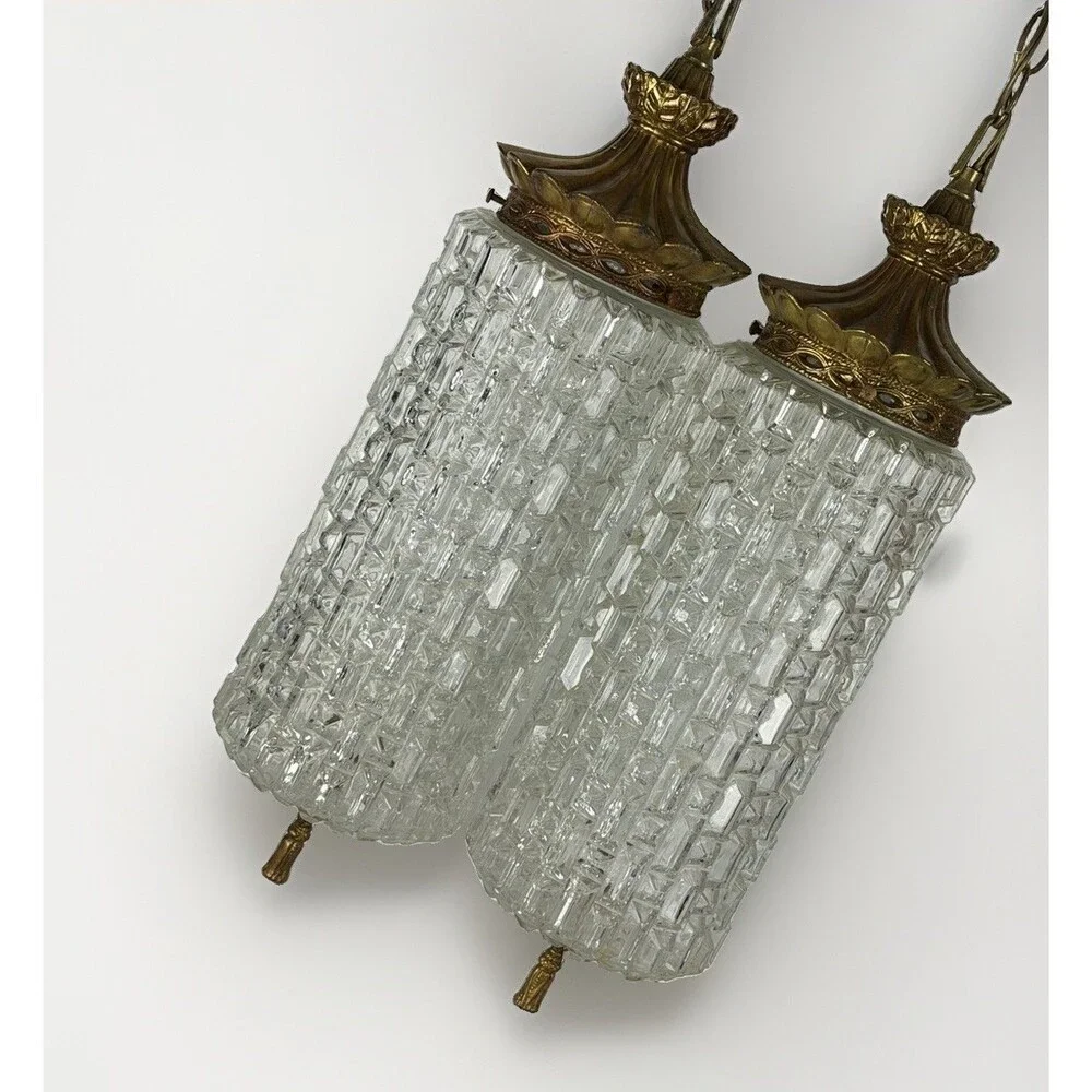 Vintage 1960s Carl Falkenstein Hollywood Regency Block Glass Swag Pendant Lamps